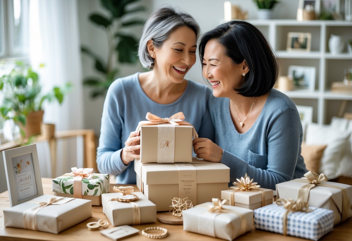 A mother and adult child sharing a happy moment as the mother holds a beautifully wrapped personalized gift in a cozy home setting with other customized gifts on a table nearby.