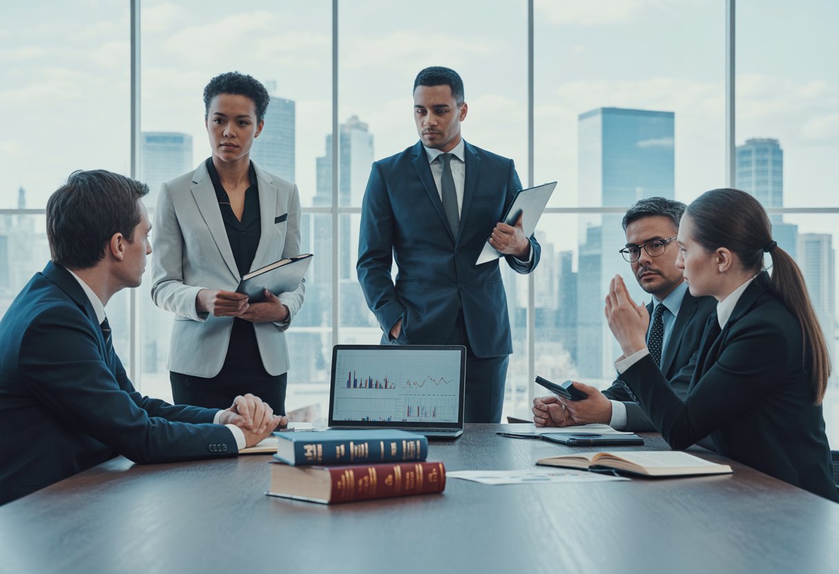 Een groep zakelijke professionals bespreekt documenten en financiële grafieken in een moderne kantoorruimte met uitzicht op de stad.