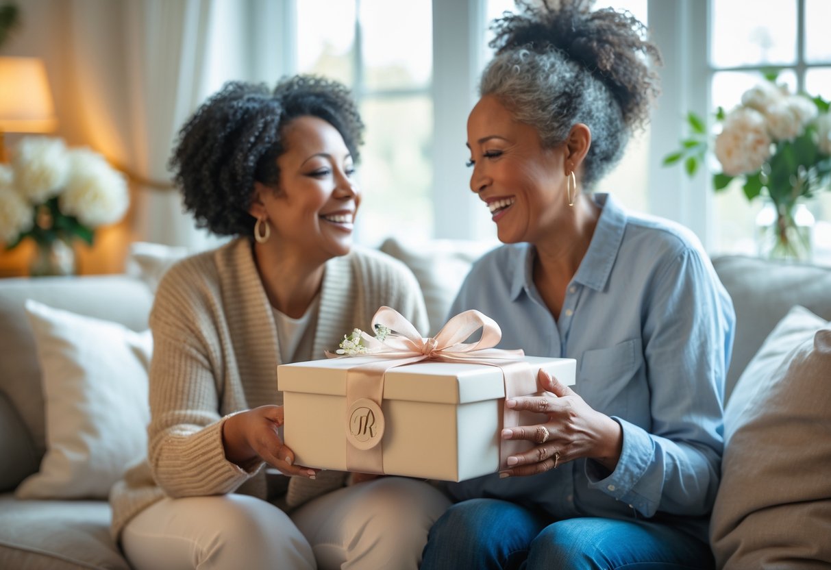 A mother and adult child in a cozy living room exchanging a beautifully wrapped customized gift, sharing a warm and joyful moment.