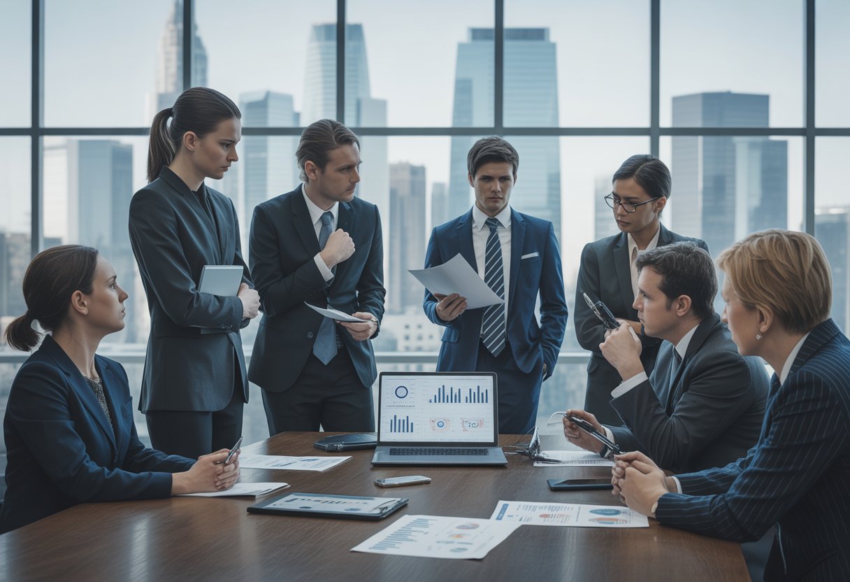 Een groep zakelijke professionals bespreekt documenten en financiële rapporten aan een vergadertafel in een modern kantoor.