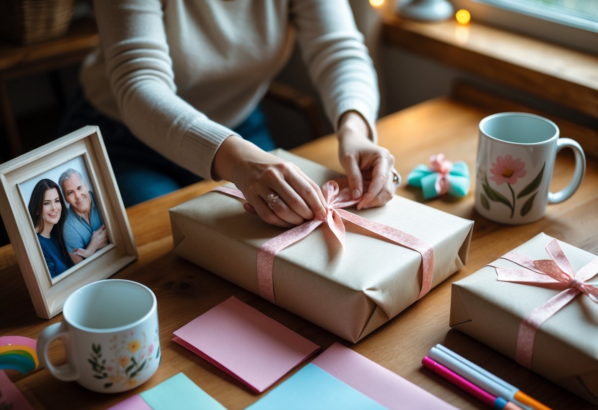 A person wrapping a customized gift with personalized items on a wooden table in a cozy room.