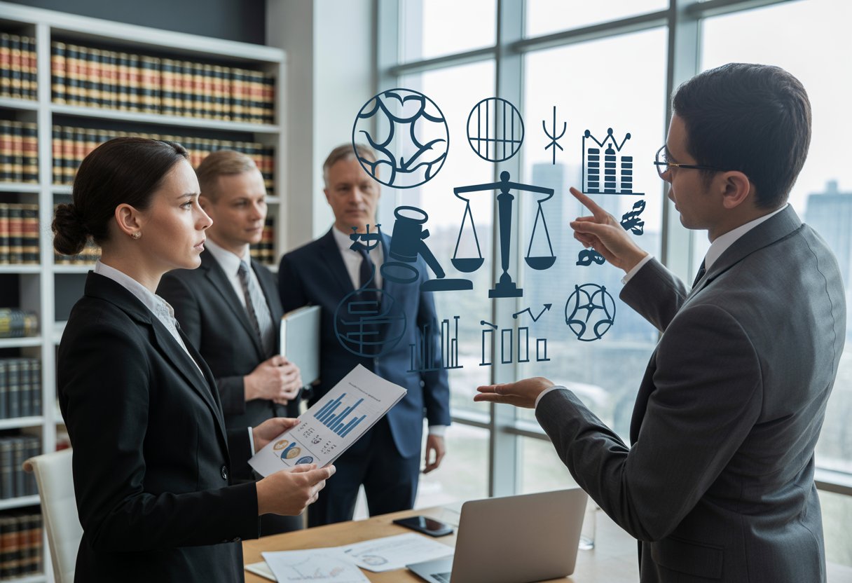 Zakelijke professionals in een kantoor bespreken juridische en financiële documenten over economische delicten.