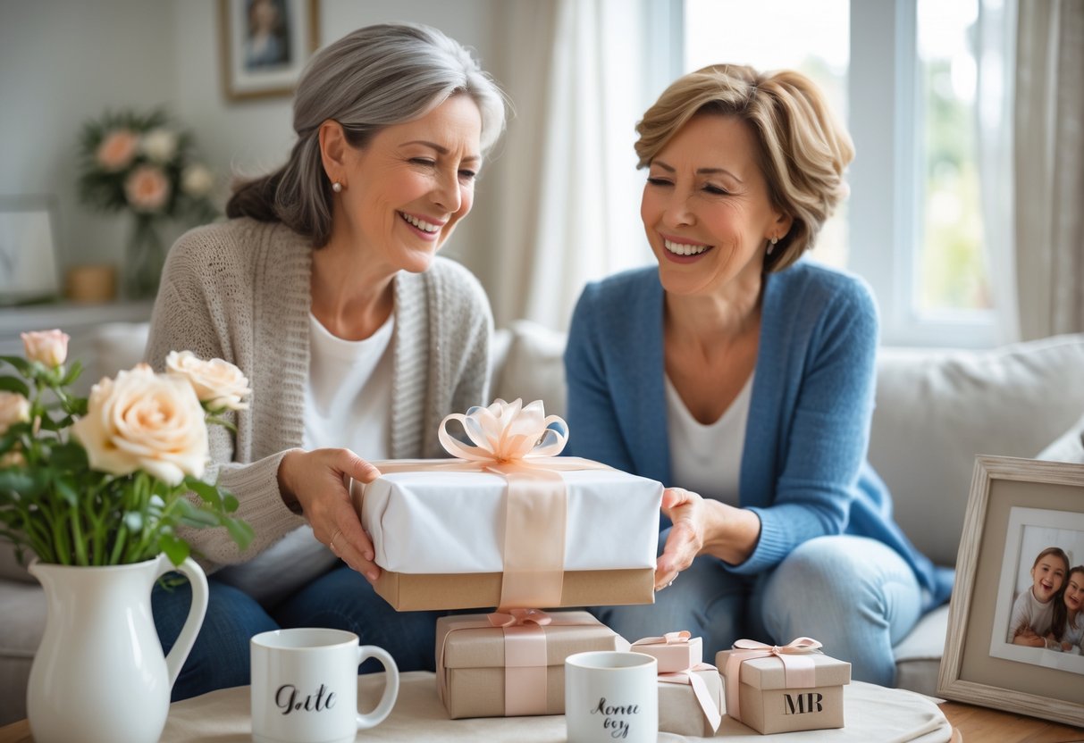 A mother and adult child sharing a joyful moment as the mother unwraps a personalized gift in a cozy home setting with various customized items displayed nearby.
