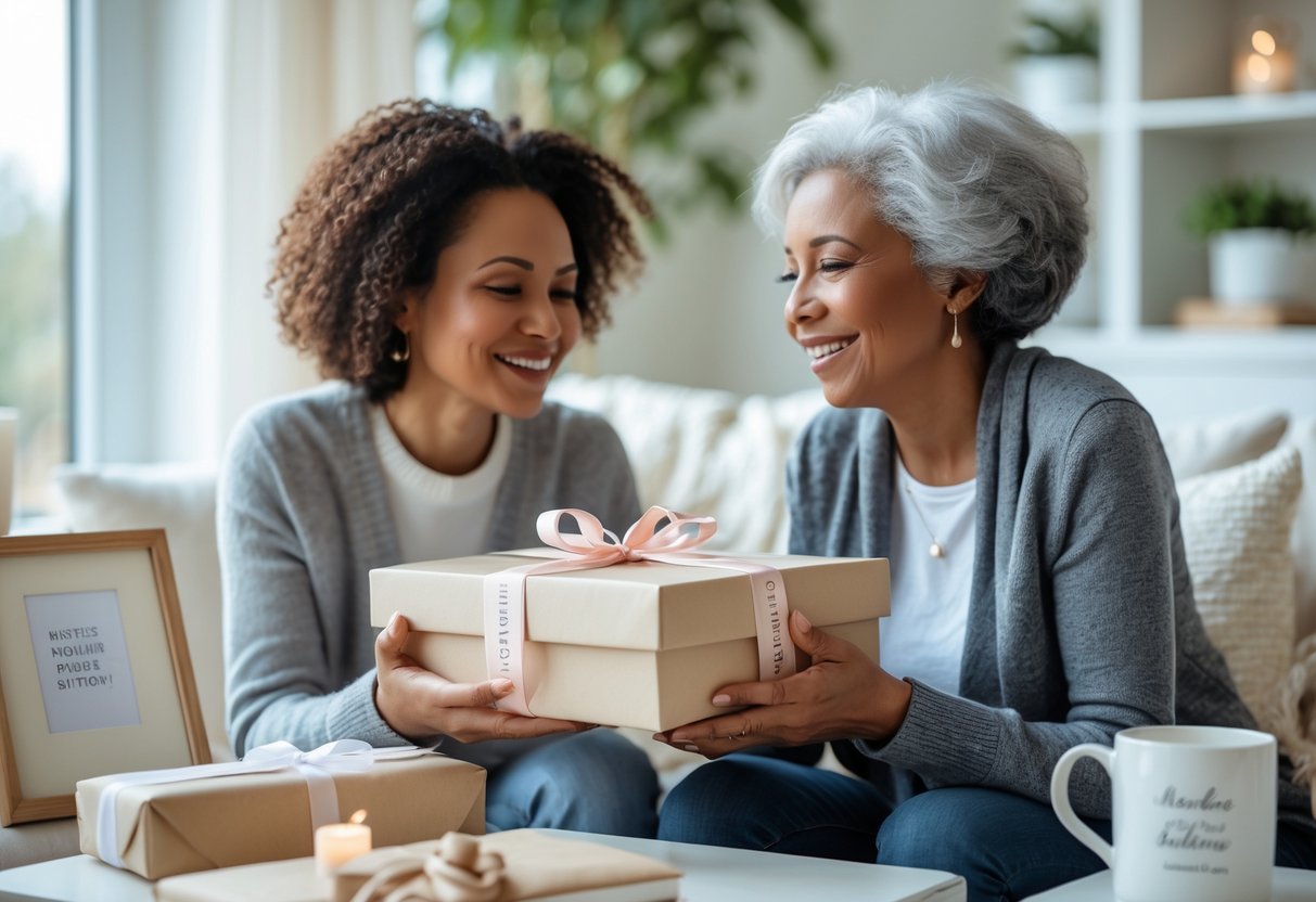 A mother receiving a thoughtfully wrapped personalized gift from her adult child in a cozy living room, both smiling warmly.
