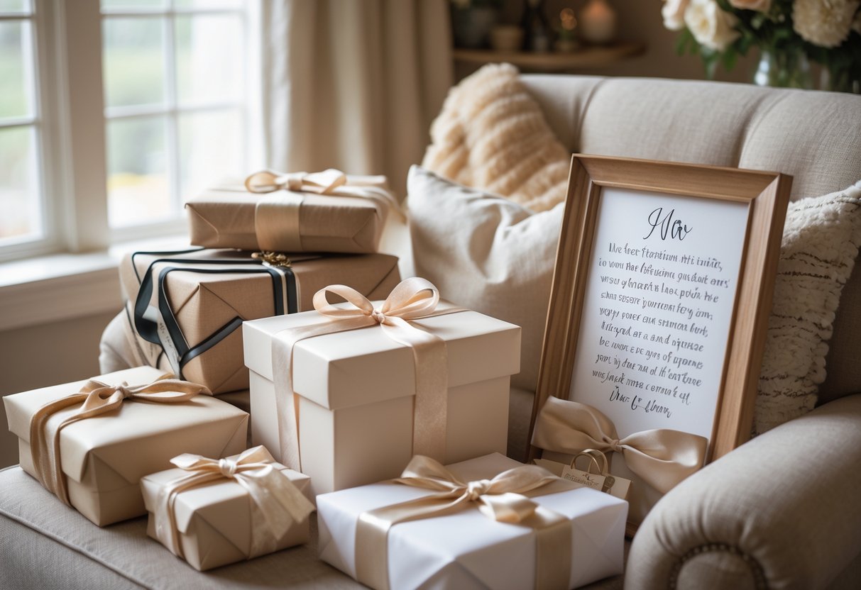 A mother sitting in a cozy living room surrounded by personalized gifts including a photo album, jewelry box, scarf, and framed artwork, smiling gently.