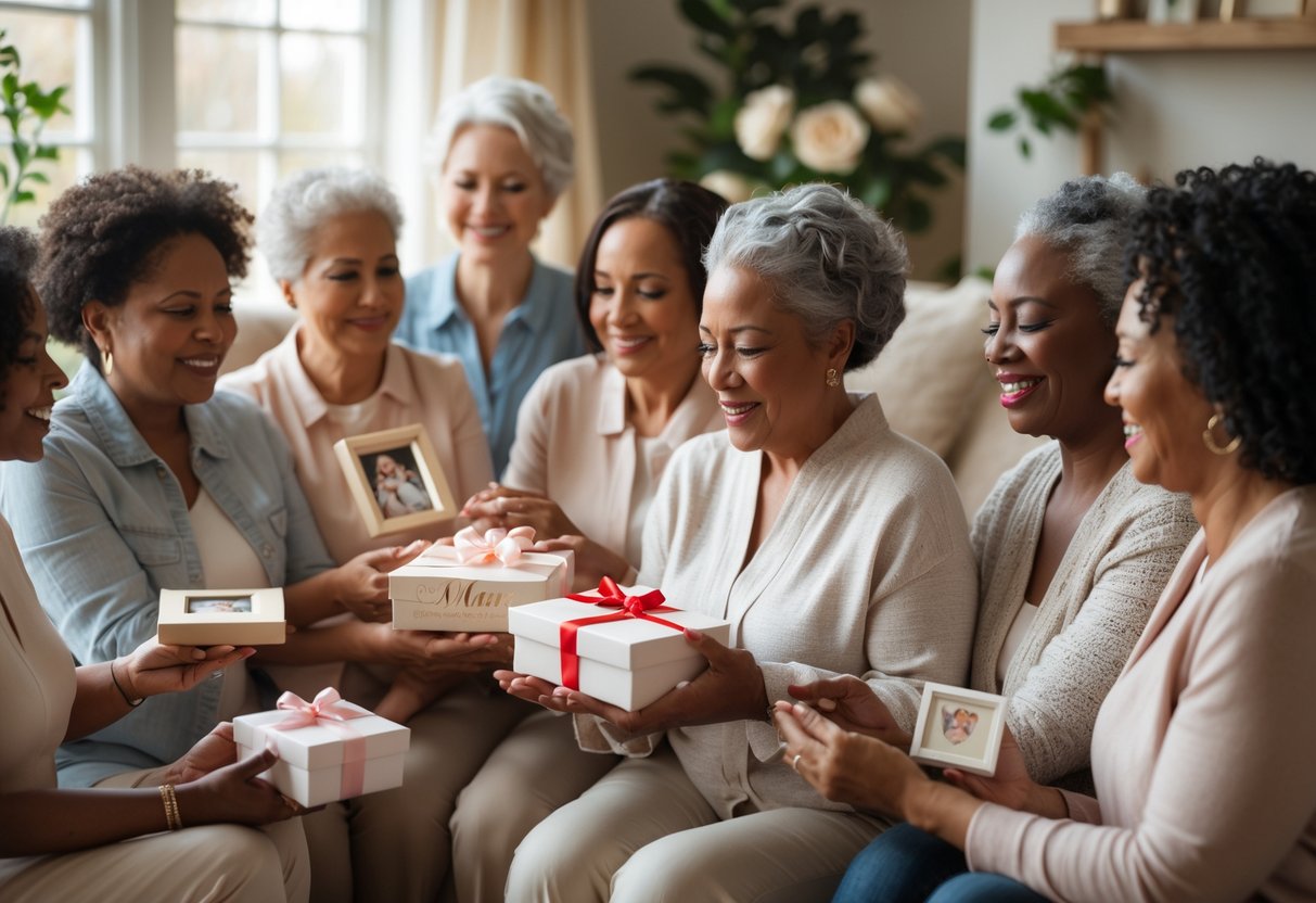 Mothers of various backgrounds happily holding personalized gifts in a cozy living room, expressing pride and warmth.