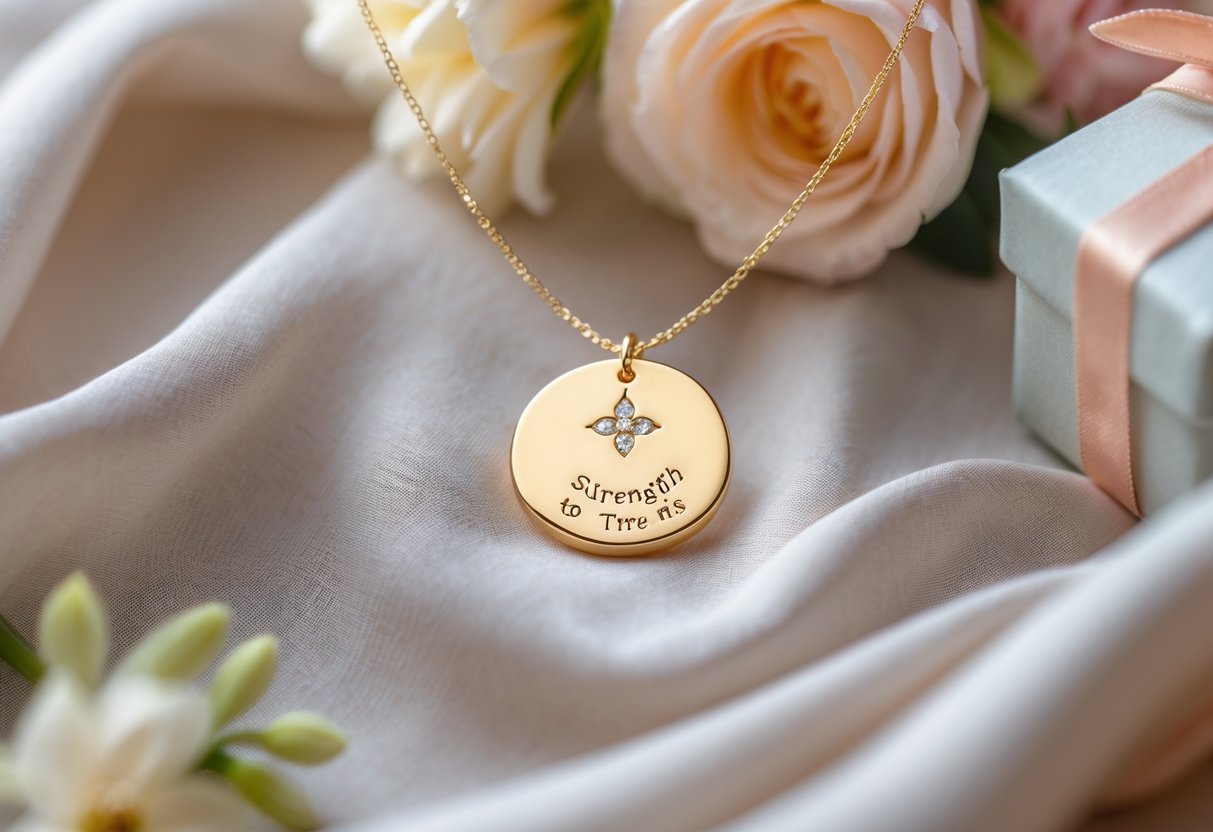 Close-up of a personalized necklace pendant on soft fabric with flowers and a gift box nearby.
