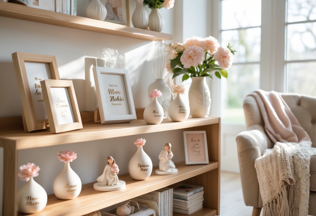 A cozy living room with personalized decorative items on a wooden shelf, fresh flowers in a vase, and a comfortable armchair with a throw blanket.