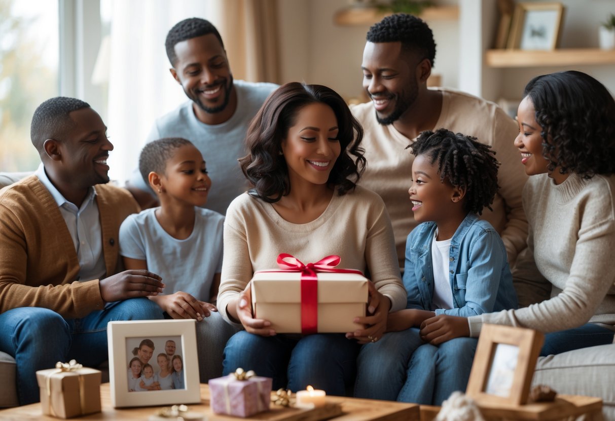 A mother surrounded by her family in a cozy living room, holding a wrapped gift while family members smile and share a joyful moment together.