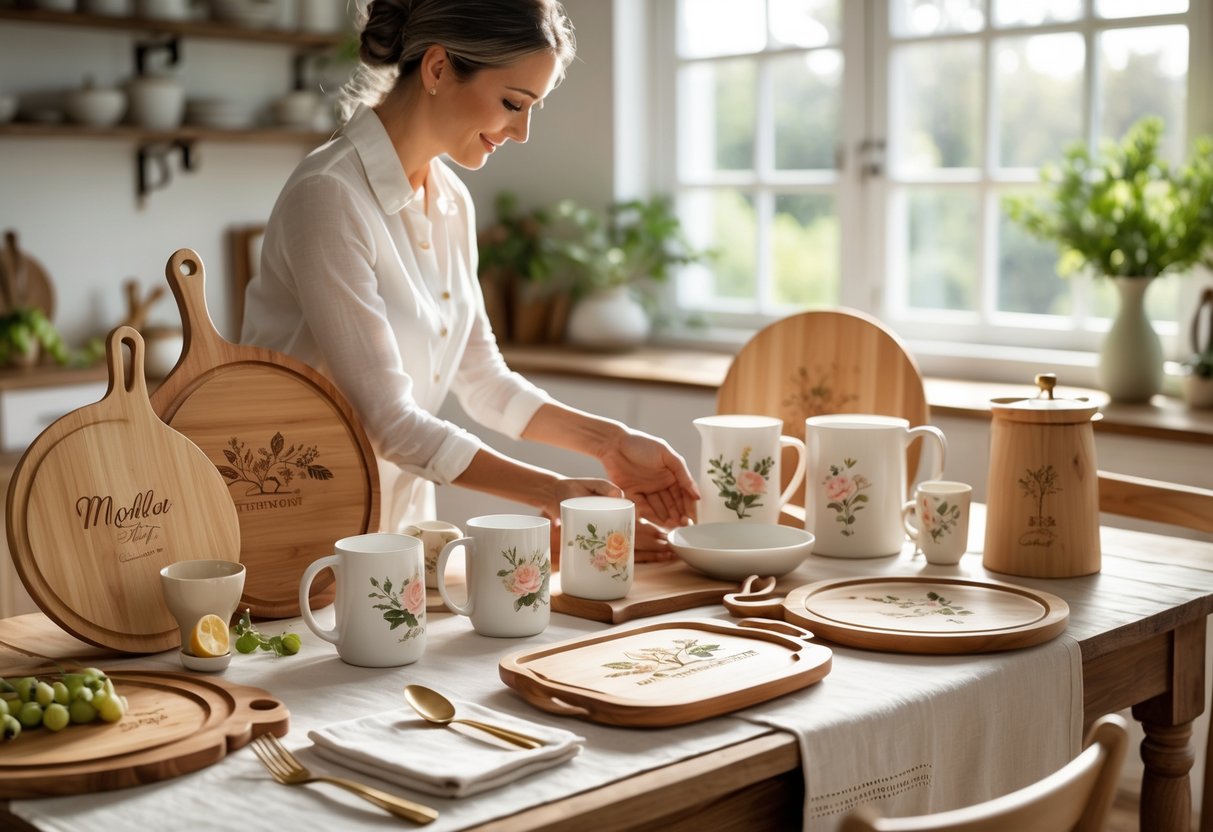 A mother arranging customized kitchen and dining accessories on a wooden table in a bright kitchen.