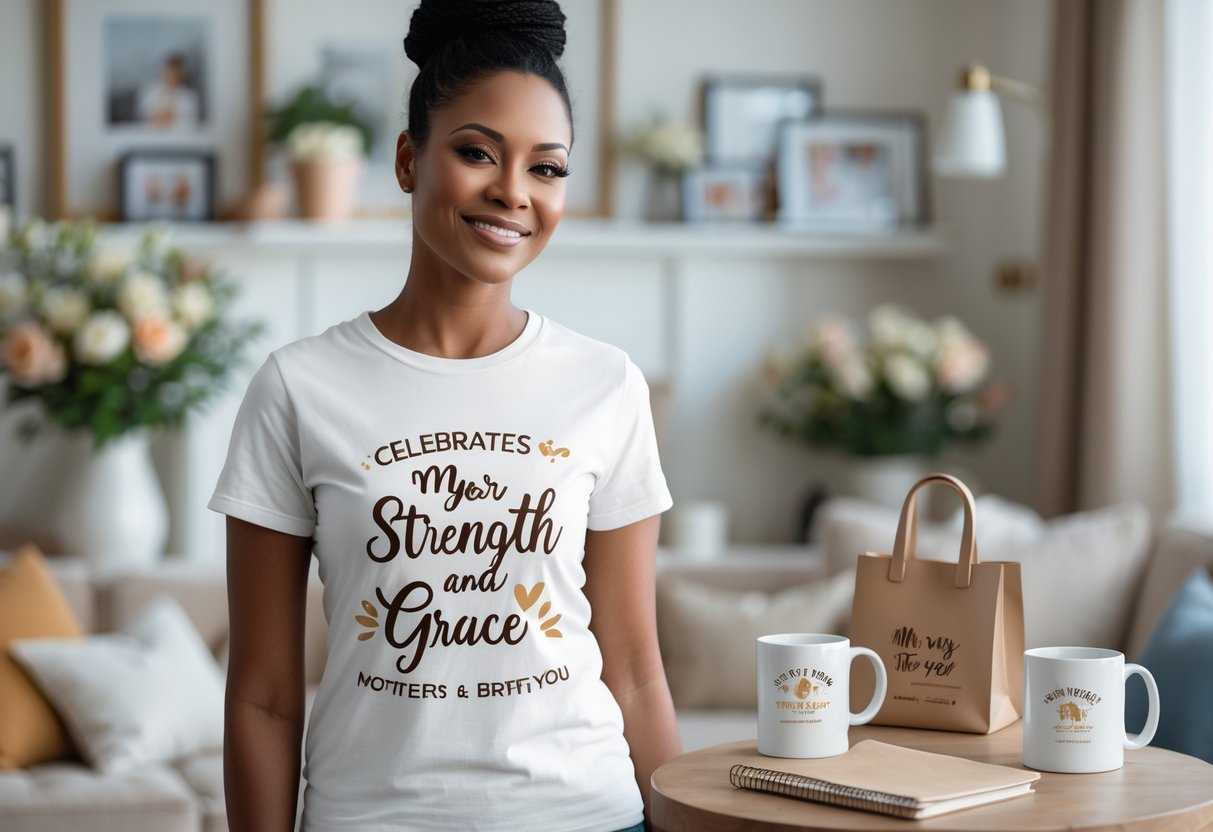 A smiling mother wearing a personalized t-shirt standing in a cozy living room with custom gifts like a mug, tote bag, and notebook on a nearby table.