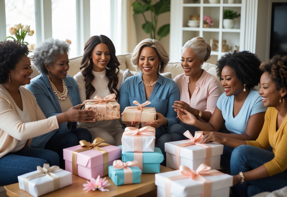 A mother smiling as she receives unique custom gifts from family members in a warm living room setting.