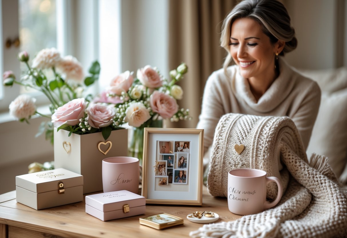 A mother smiling warmly while holding a personalized gift, surrounded by various customized items and fresh flowers on a wooden table.
