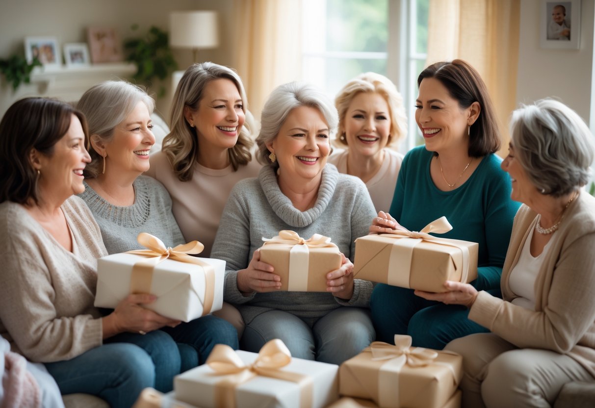 A group of women including new moms, grandmas, and stepmoms sharing joyful moments together surrounded by personalized gifts in a cozy living room.