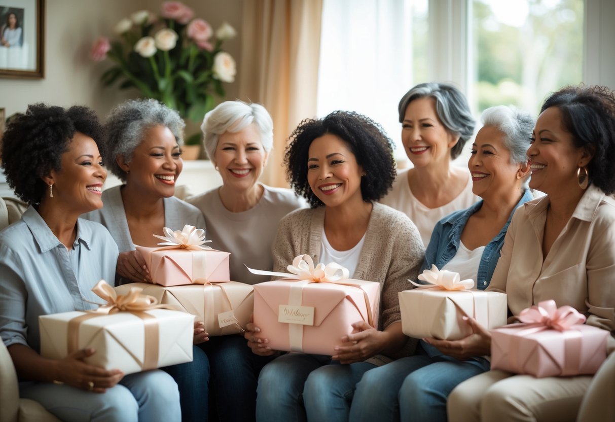 A group of mothers smiling and holding wrapped personalized gifts in a cozy living room filled with flowers and family photos.
