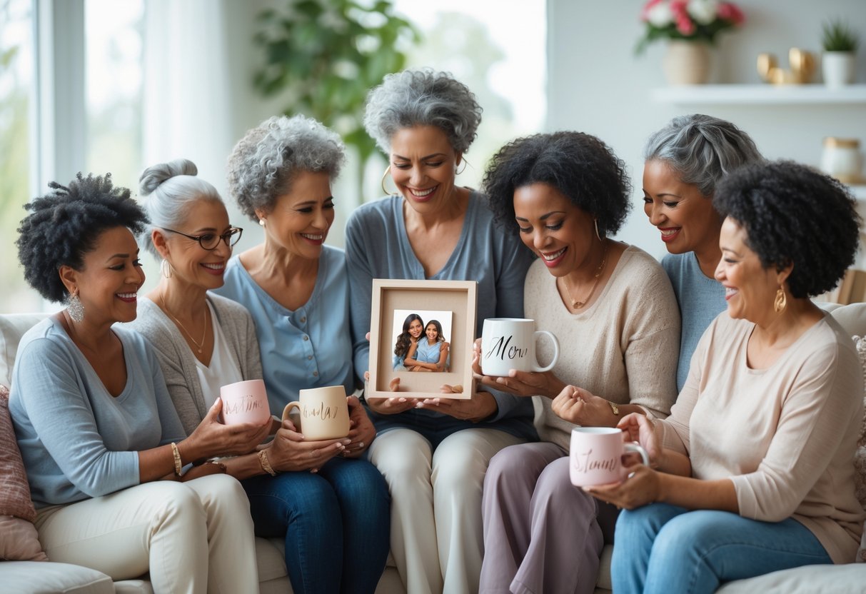 A group of mothers holding personalized gifts in a bright living room, smiling and appreciating the presents.