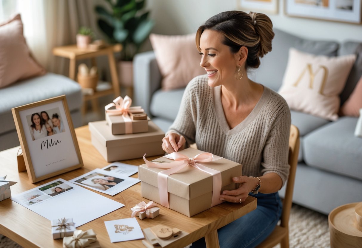 A woman sitting at a table surrounded by personalized gift items, holding a wrapped gift and smiling warmly in a cozy living room.