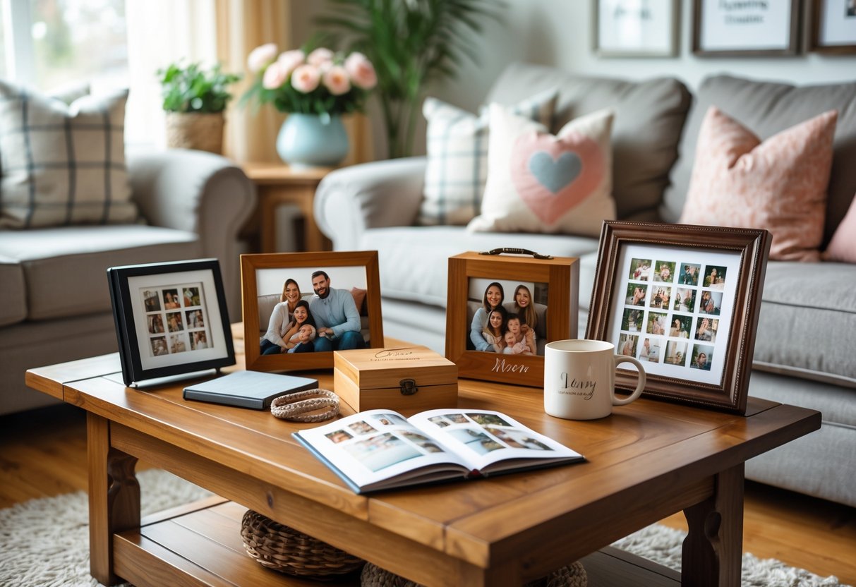 A cozy living room with a wooden table displaying personalized gifts for mom, including a photo album, engraved jewelry box, custom mug, and framed family photos.