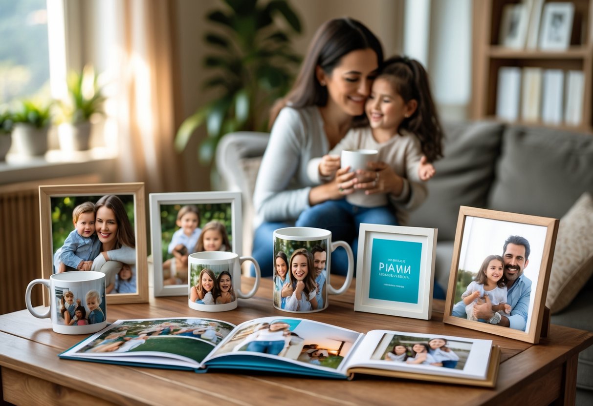 A mother and child smiling together near a table filled with personalized photo gifts like mugs, framed pictures, and photo books.