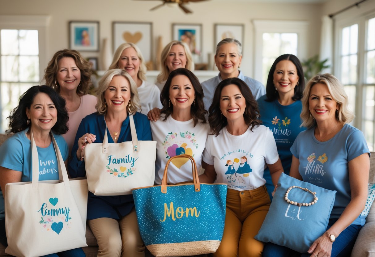 A group of mothers smiling and wearing personalized clothing and accessories in a bright living room.