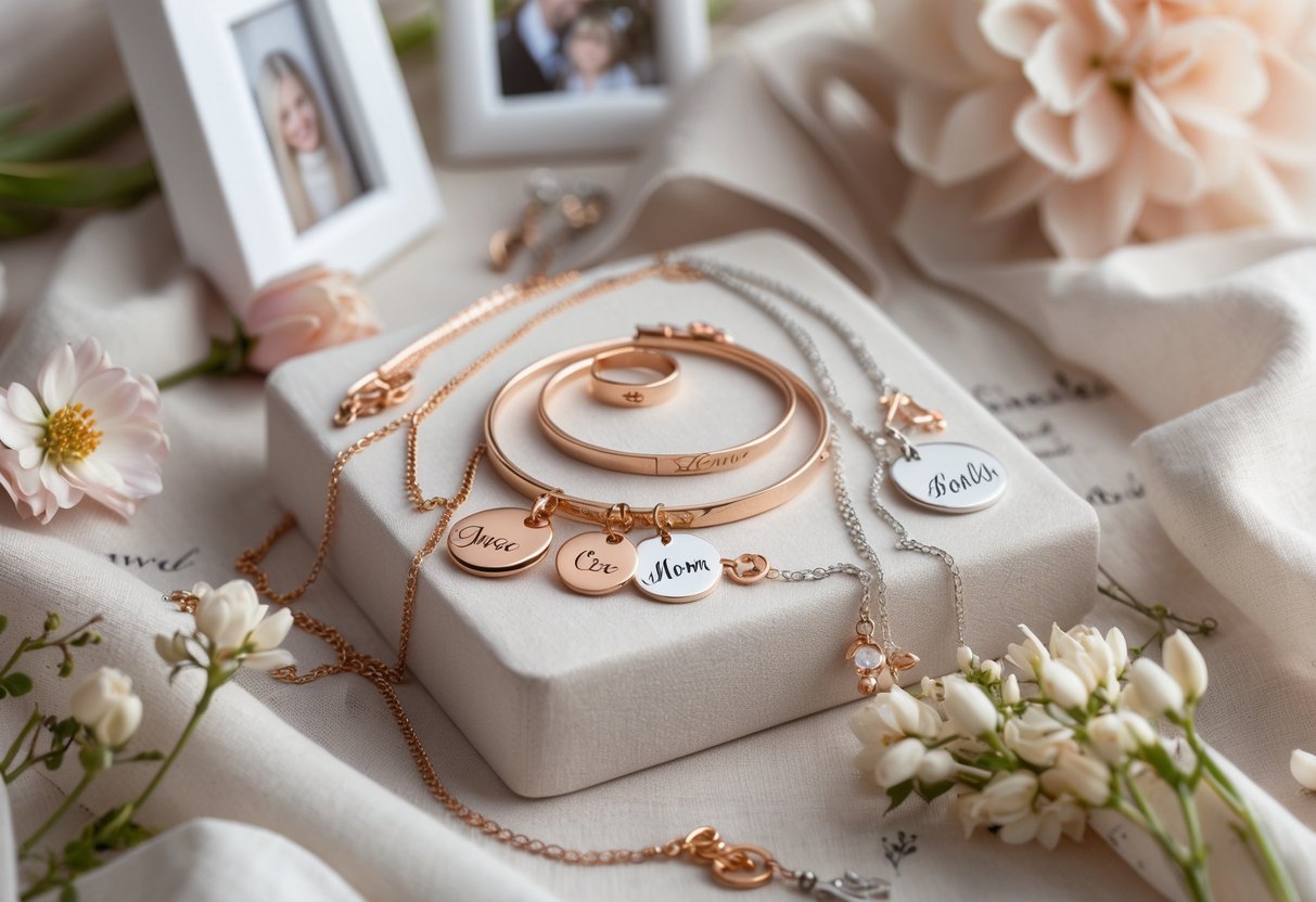 A collection of personalized jewelry and accessories arranged with flowers and photo frames, symbolizing customized gifts for mothers.