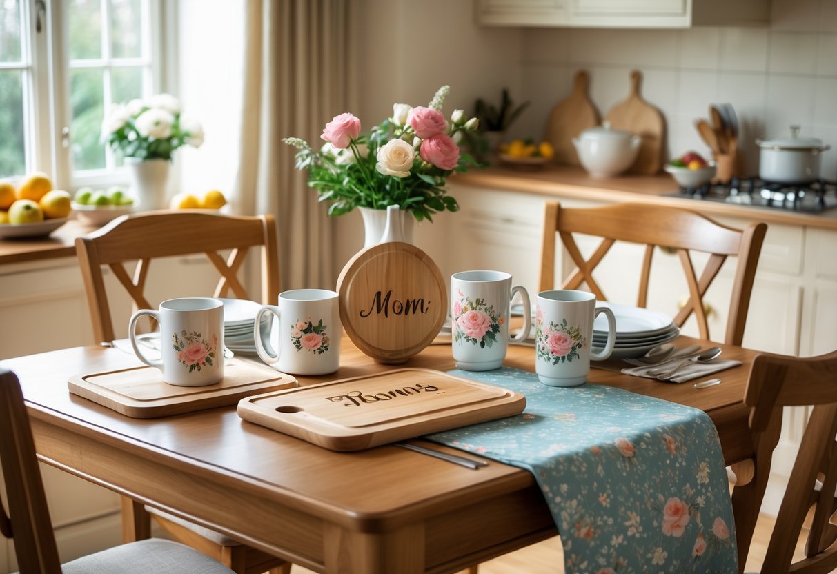 A kitchen and dining room with personalized kitchen gifts including engraved cutting boards, custom mugs, and a photo apron on a wooden table with natural light.