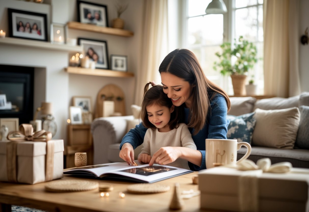 A mother and child creating personalized gifts together in a cozy living room filled with family photos and sentimental keepsakes.