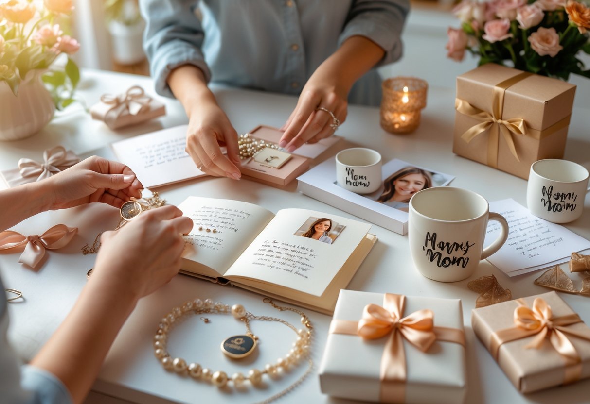 Hands crafting personalized gifts like engraved jewelry and photo albums on a bright workspace surrounded by sentimental keepsakes and gift boxes.