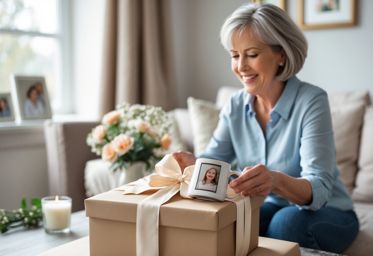 A mother smiling as she unwraps a personalized gift from her adult child in a cozy living room.