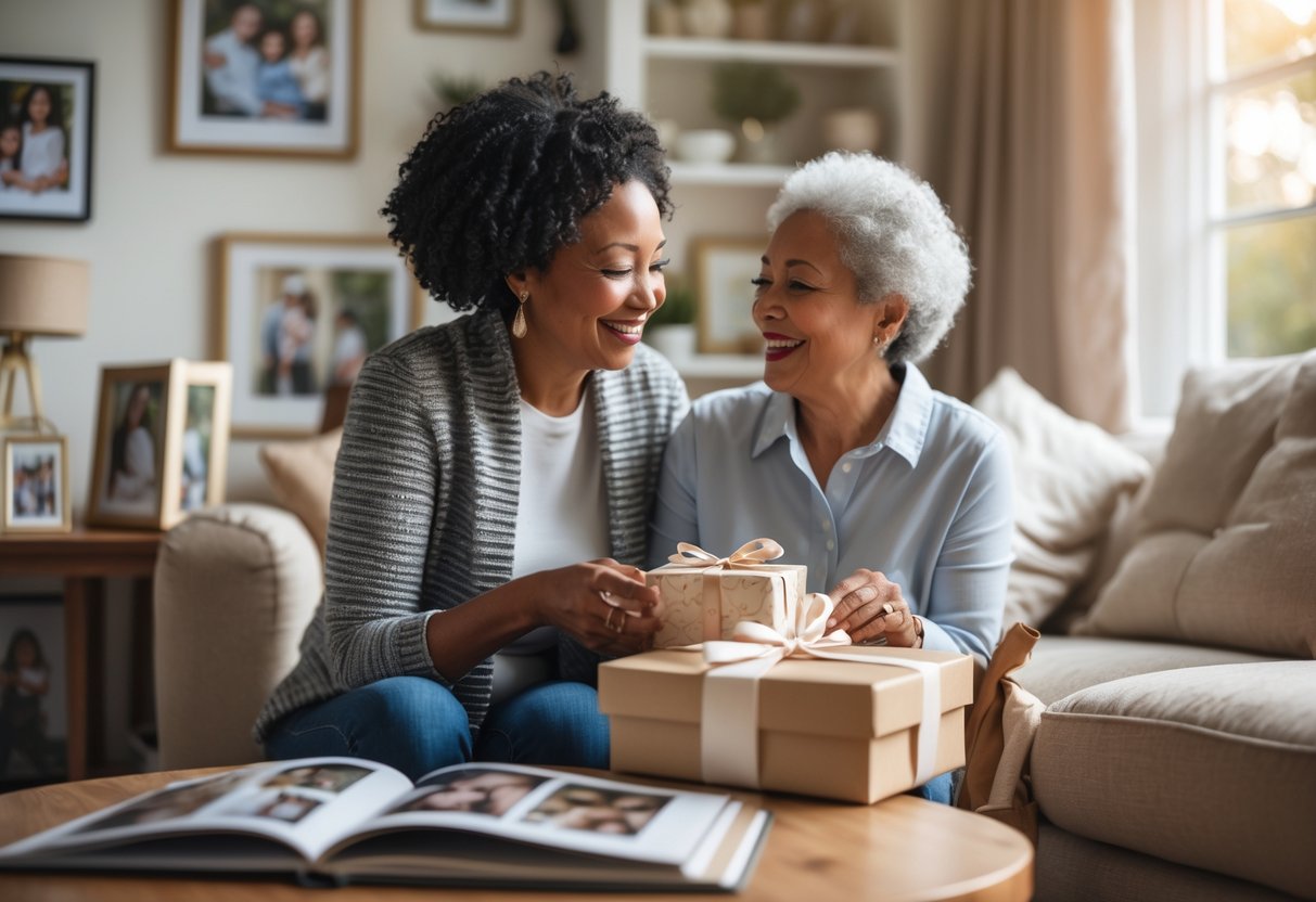 A mother and adult child sharing a warm moment as the child gives her a personalized gift in a cozy living room with family photos in the background.