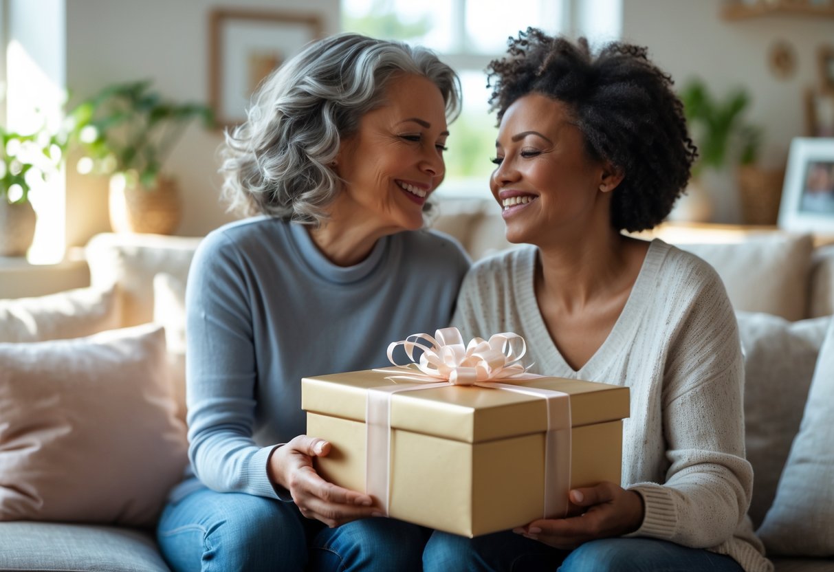 A mother and adult child sharing a happy moment as the mother holds a wrapped gift in a cozy living room.