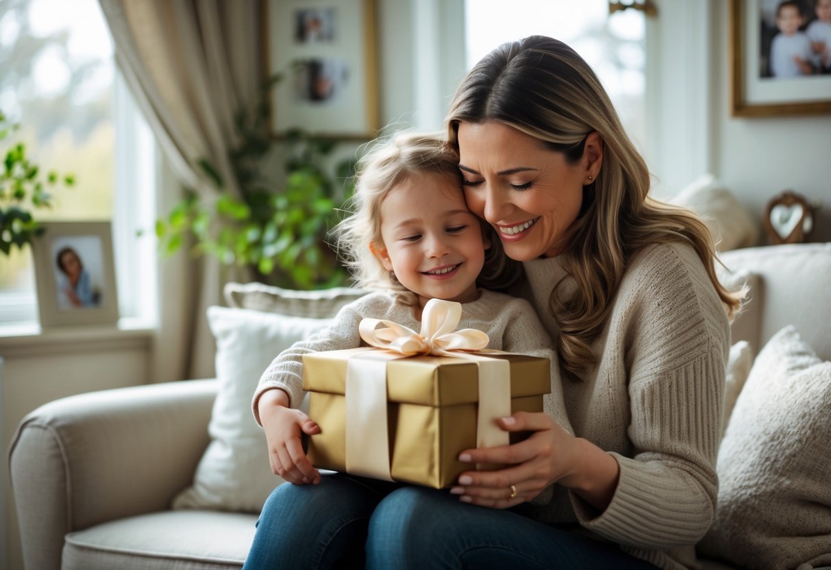 A mother and child warmly embracing in a cozy home with a personalized gift box, surrounded by home decor.