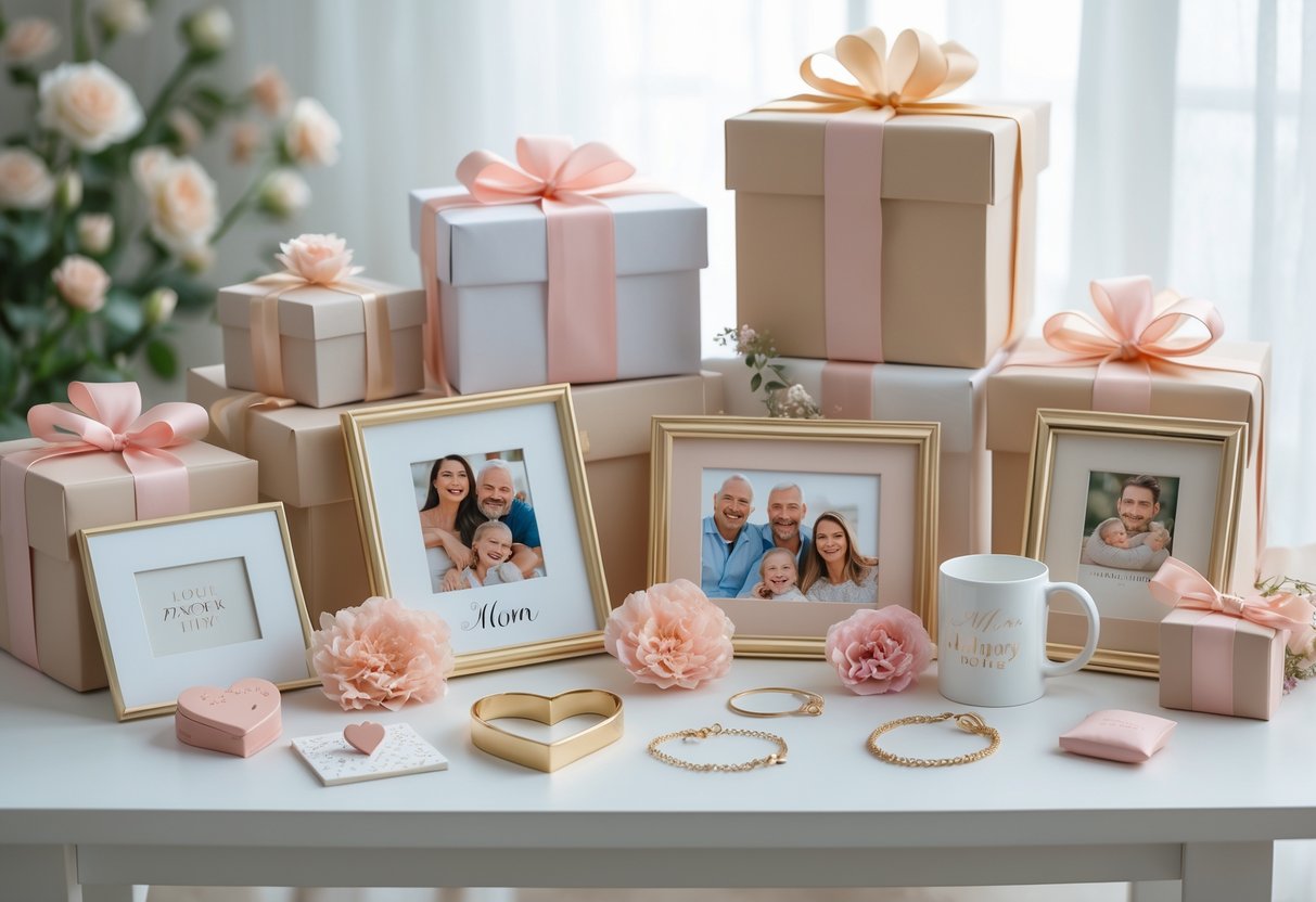 A collection of personalized gifts for moms arranged on a table, including photo frames, heart-shaped keepsakes, and wrapped boxes with ribbons.