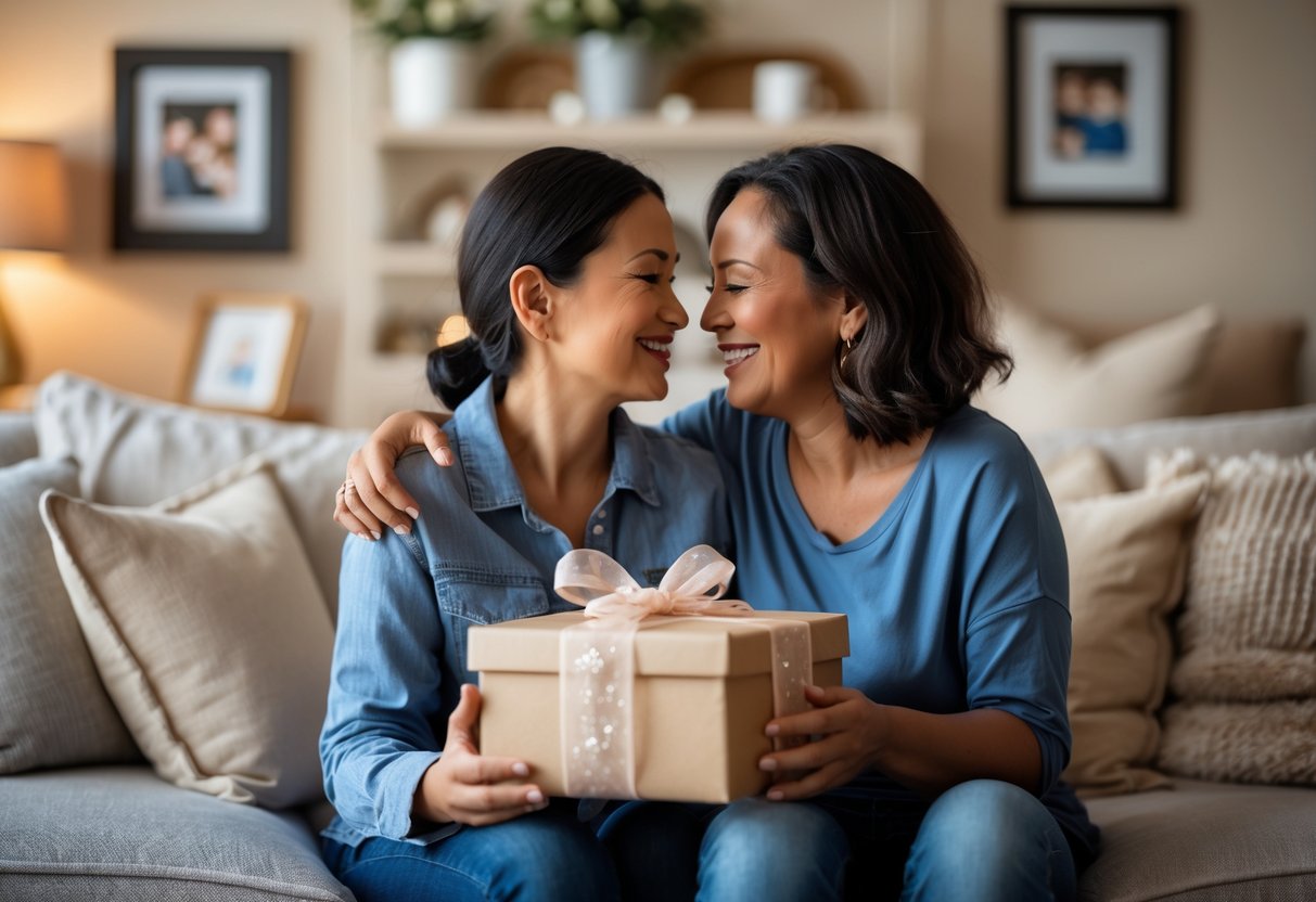 A mother and adult child sharing a warm moment in a cozy living room with a personalized gift box.