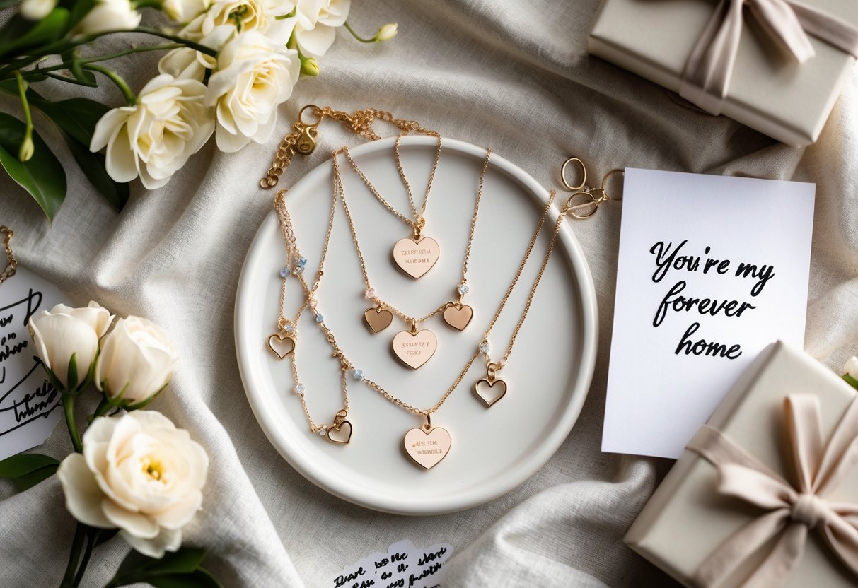 A flat lay of customized jewelry for moms with heart and home-themed charms, surrounded by flowers and gift boxes on a soft fabric background.