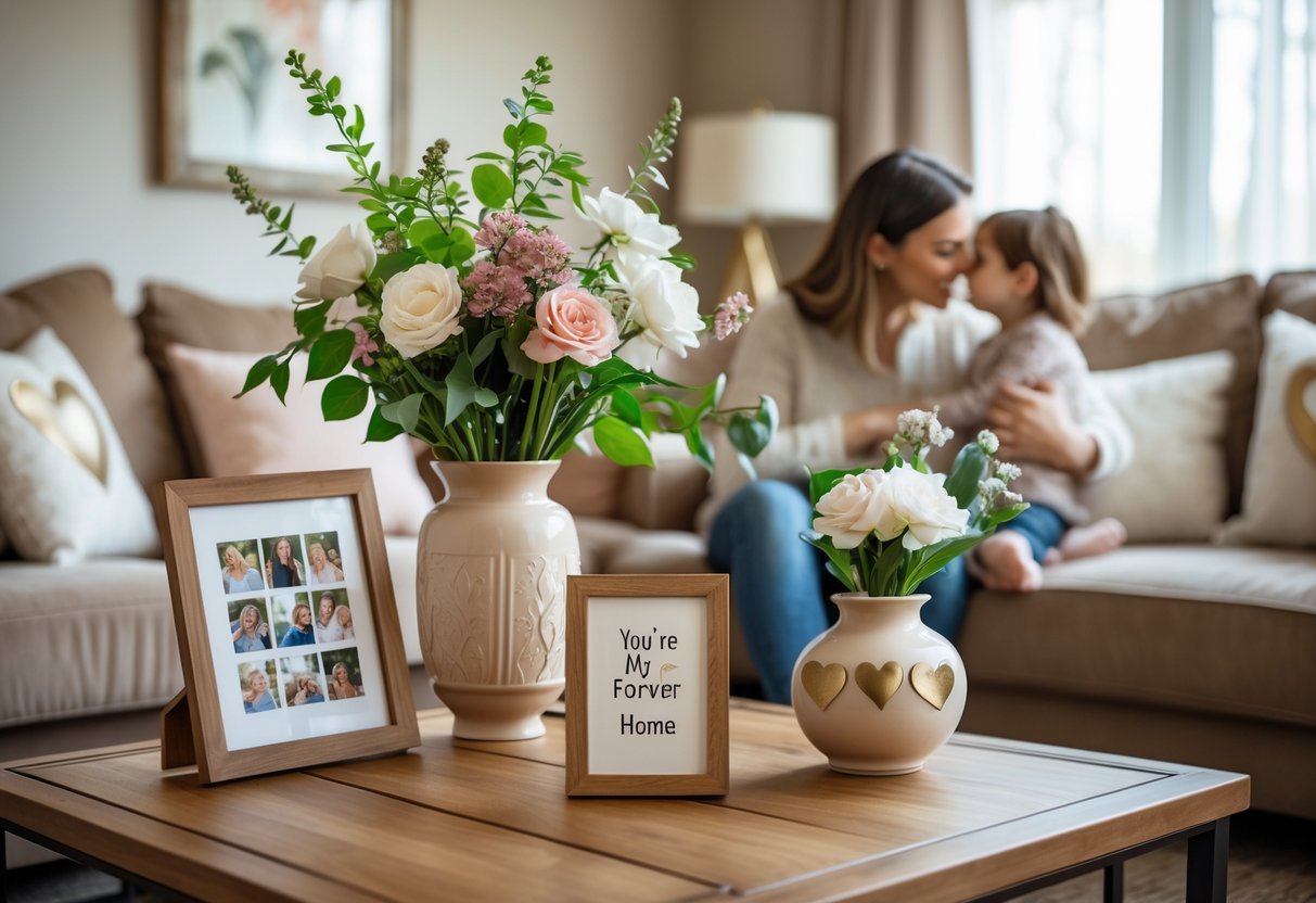 A mother and child sharing a loving moment in a cozy living room with personalized home décor items on a coffee table.