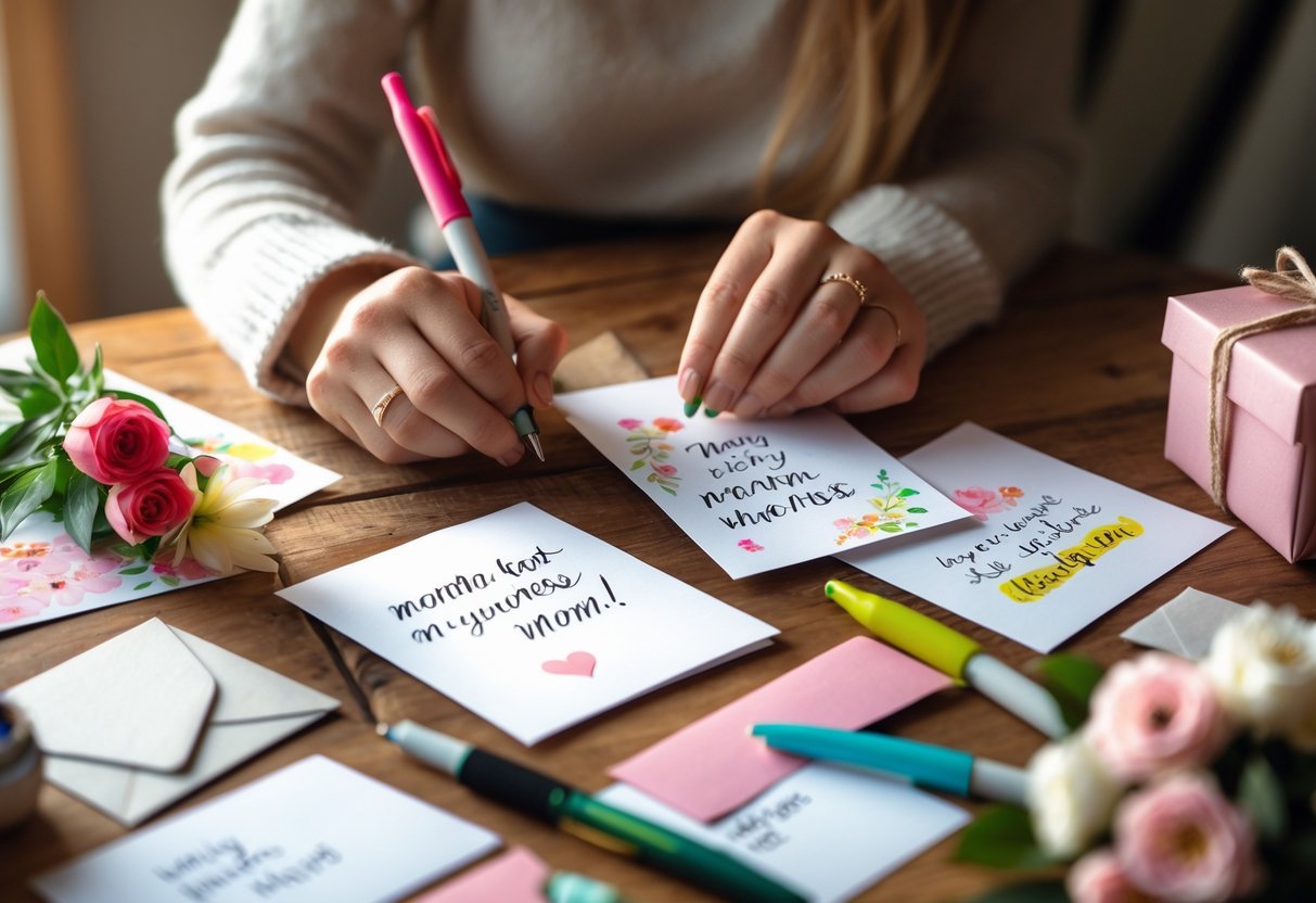 Hands crafting handwritten notes and personalized cards on a wooden table surrounded by crafting supplies and a wrapped gift.