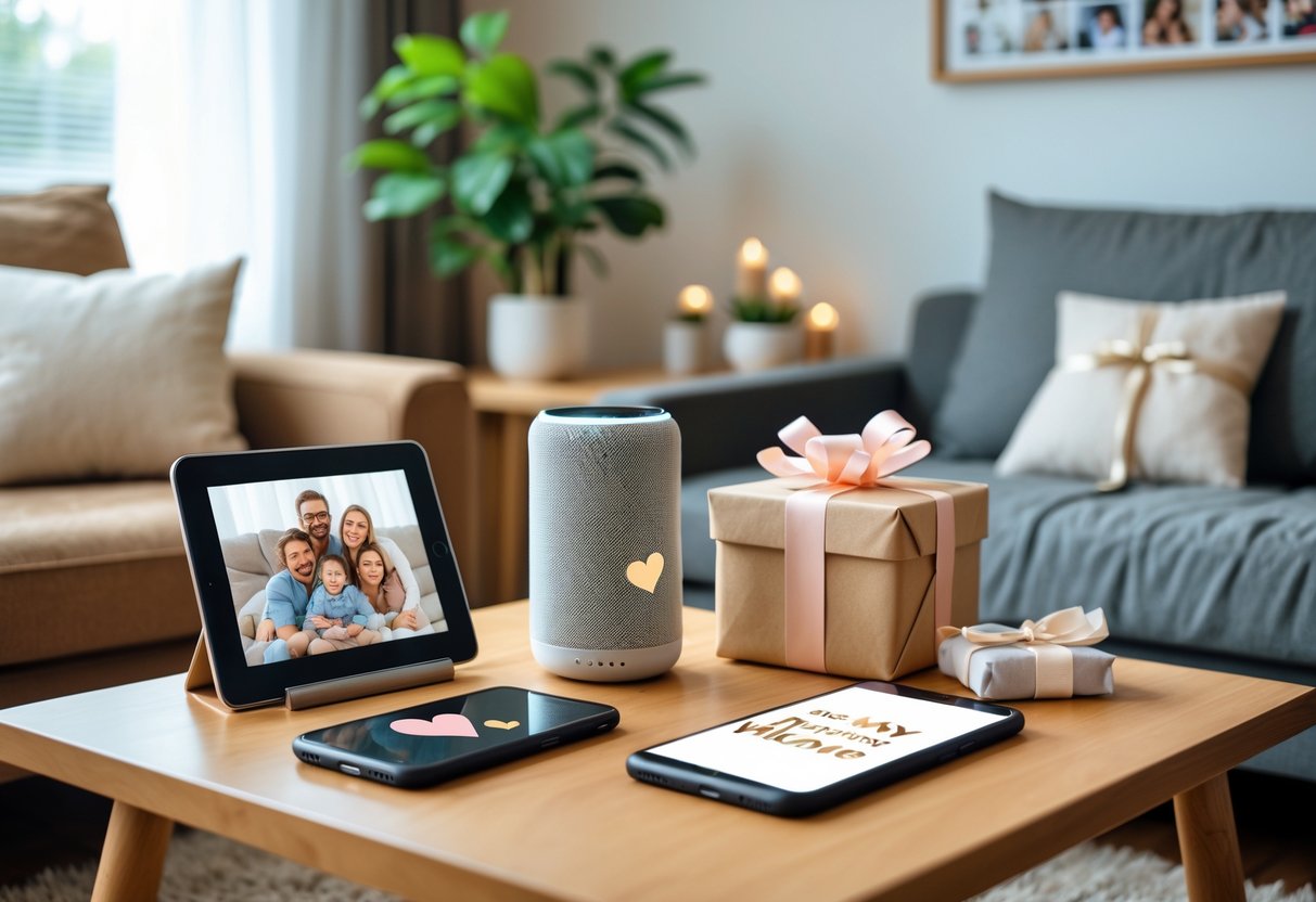 A cozy living room scene showing tech gifts like a tablet, smart speaker, and custom phone case arranged with a wrapped gift box and framed family photos on a wooden table.