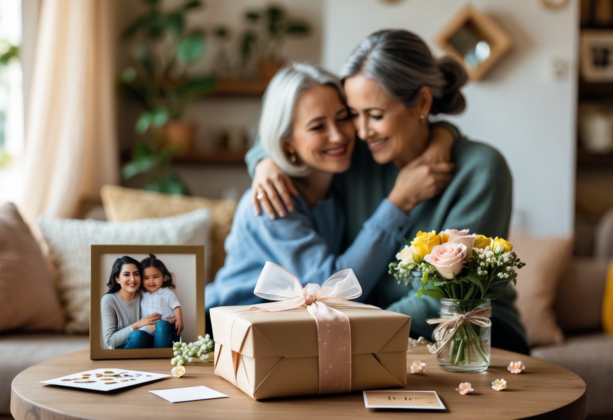 A mother and adult child sharing a warm embrace in a cozy home with a wrapped gift and keepsakes on a table nearby.