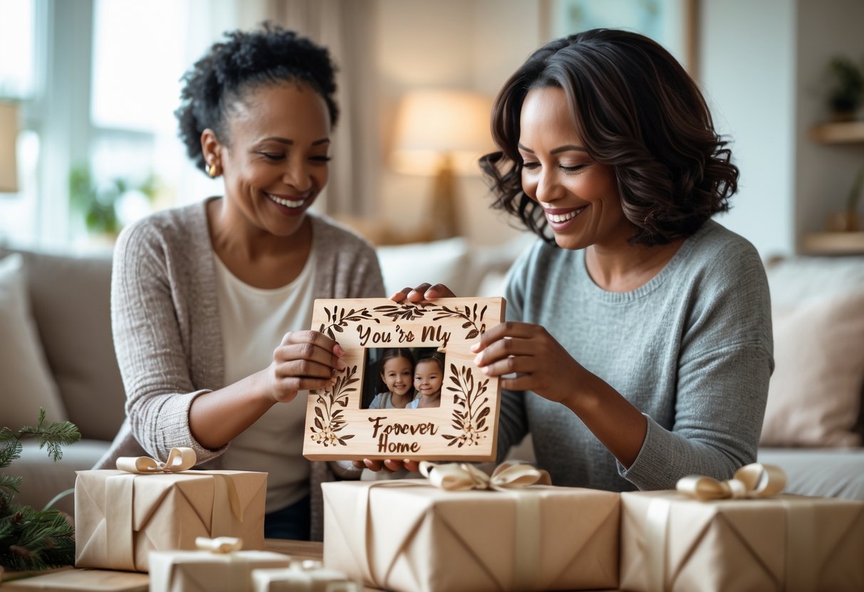A mother and adult child exchanging personalized gifts in a cozy living room, sharing a warm and happy moment.