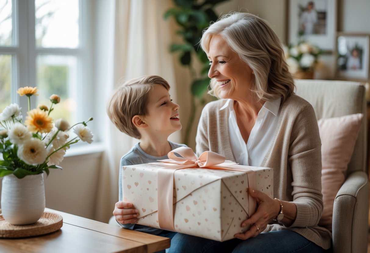 A mother and adult child sharing a warm moment as the mother holds a beautifully wrapped customized gift in a cozy, well-lit home setting.