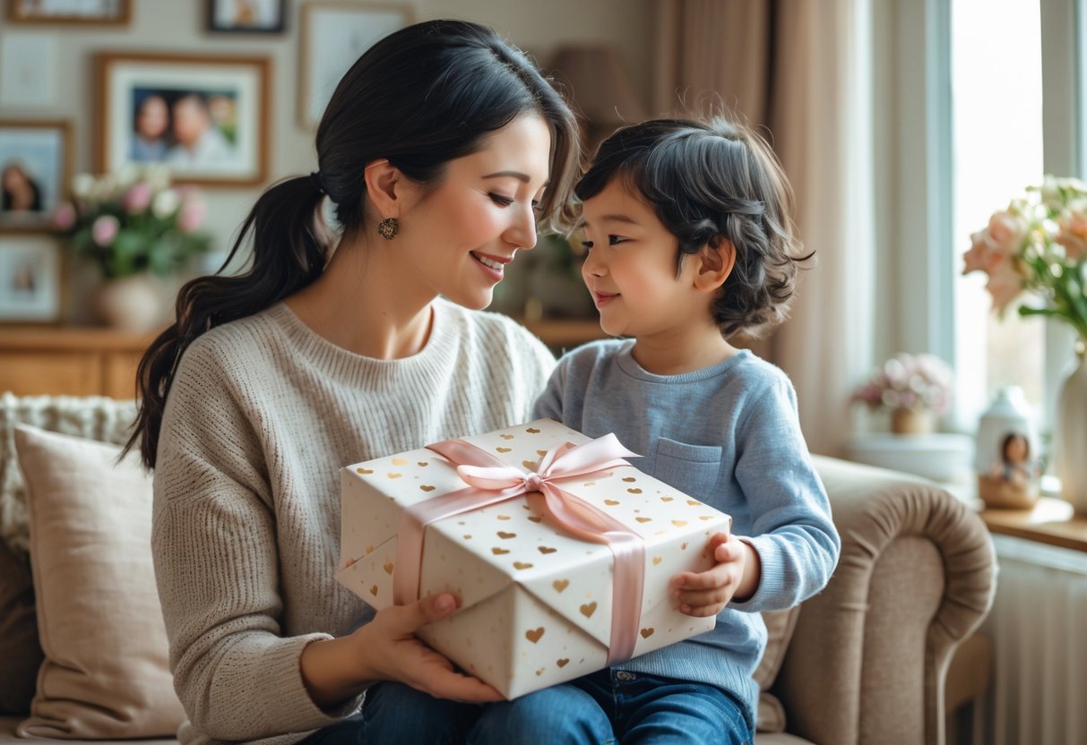 A mother and child sharing a tender moment in a cozy living room, with the mother holding a wrapped gift box.