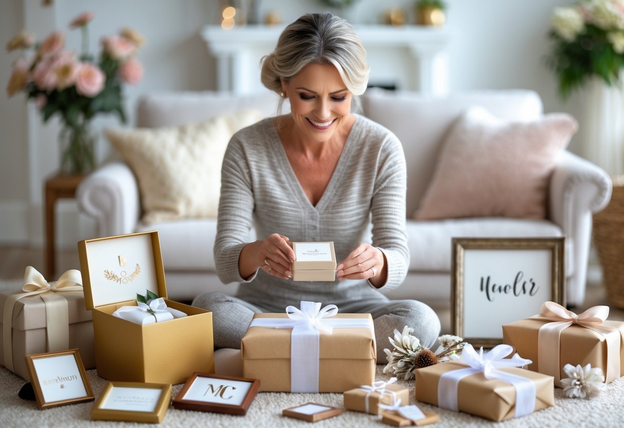 A mother smiling while holding a wrapped gift, surrounded by various personalized presents in a cozy living room.