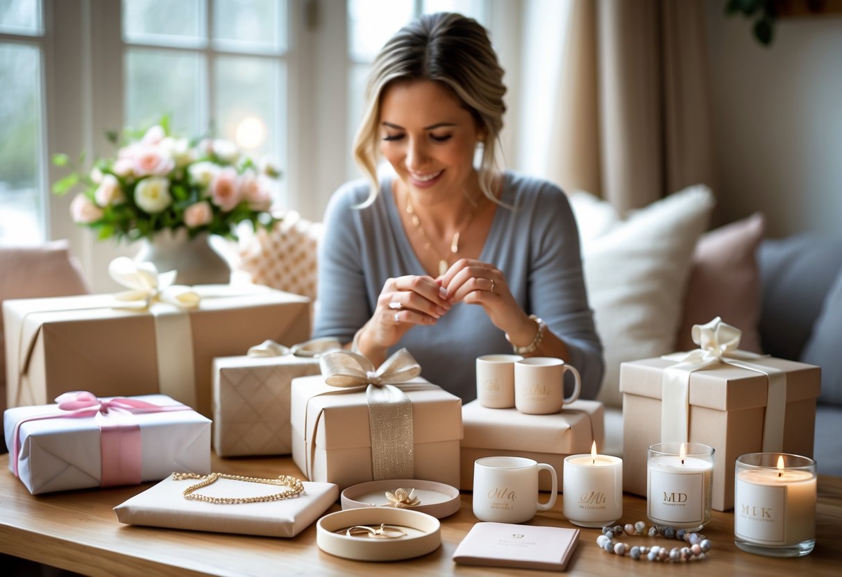 A woman thoughtfully looking at a variety of personalized gifts displayed on a table, including jewelry, mugs, photo frames, and candles.
