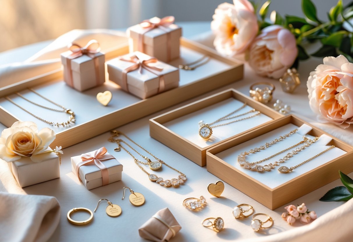A collection of jewelry and accessories arranged with flowers and gift boxes on a soft surface.