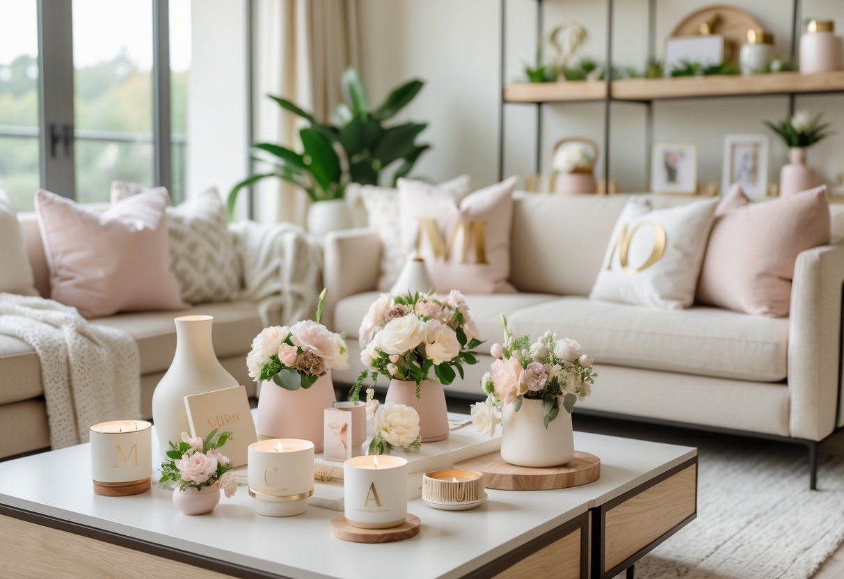 A bright living room with cozy seating and personalized home decor items arranged on a coffee table and shelves.