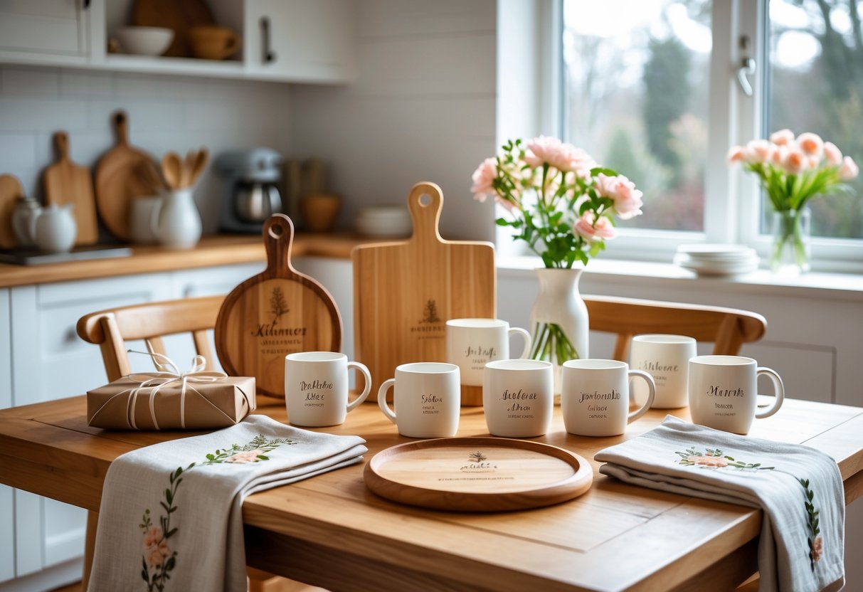A dining table in a kitchen displaying various personalized kitchen and dining gifts including engraved cutting boards, custom mugs, and embroidered napkins with fresh flowers nearby.