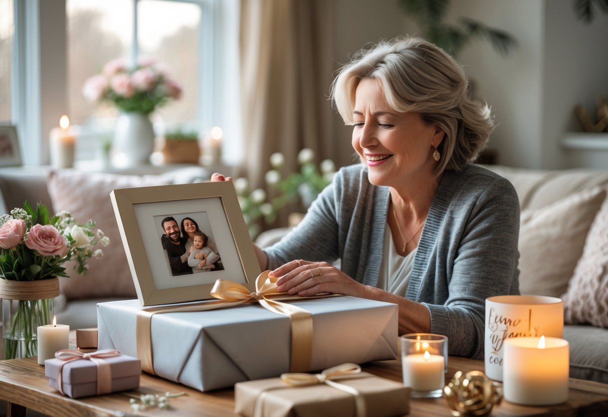 A mother smiling happily as she receives a beautifully wrapped personalized gift in a cozy living room setting.