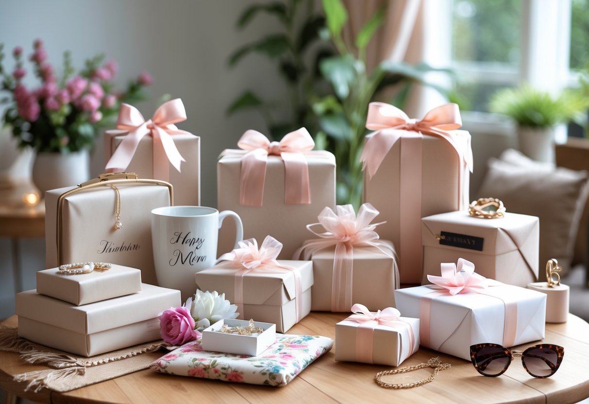 A table displaying various personalized gifts including jewelry boxes, mugs, wrapped presents, scarves, and sunglasses in a cozy home setting.