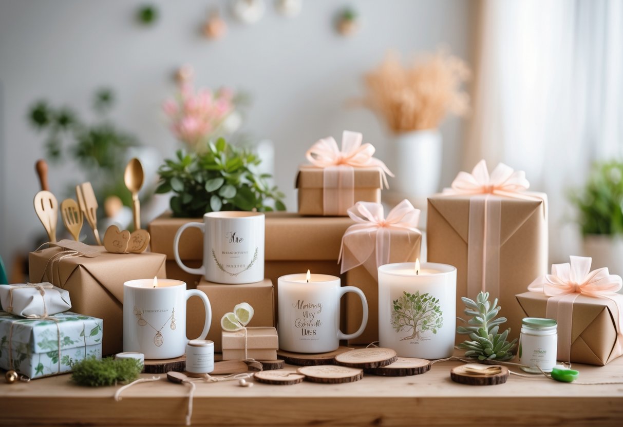 A table displaying a variety of personalized gifts for moms, including jewelry, mugs, candles, and wrapped boxes, surrounded by items representing different hobbies.